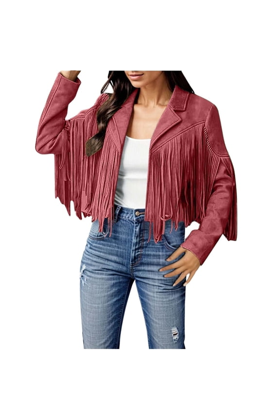 Clothing 2025!Plus Size Coat Ladies Fashion Solid Color Fringe Faux Suede Leather Jacket Fashion Fringe Motorcycle Cropped Jacket