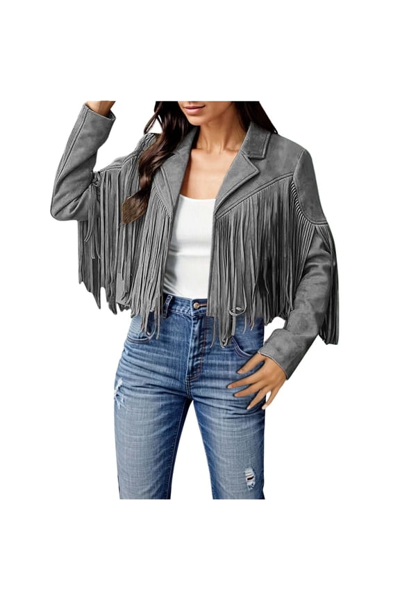 Clearance 2024!Plus Size Coat Ladies Fashion Solid Color Fringe Faux Suede Leather Jacket Fashion Fringe Motorcycle Cropped Jacket