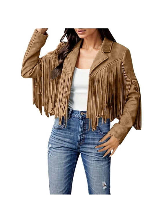 Clearance 2024!Plus Size Coat Ladies Fashion Solid Color Fringe Faux Suede Leather Jacket Fashion Fringe Motorcycle Cropped Jacket