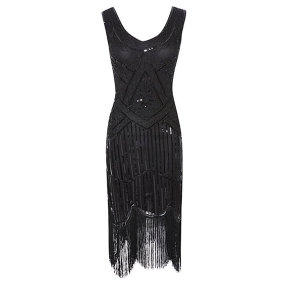 2024 SMihono Plus Size Vintage 1920s Flapper Tassel Great Evening Party Cocktail Dress Trendy Womens Sleeveless V-Neck Dress Black 12