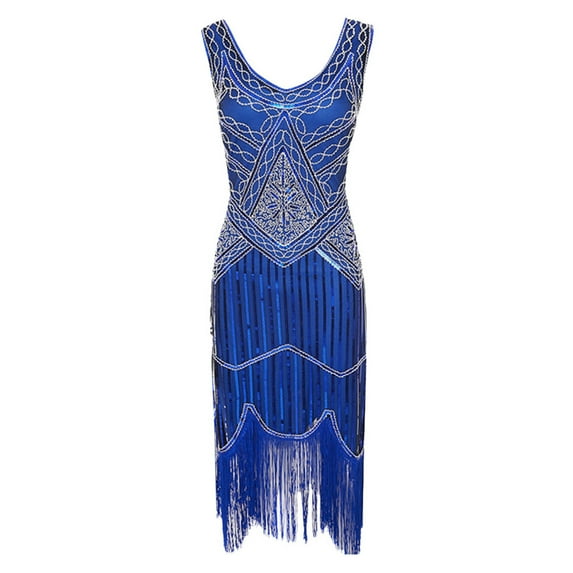 2024 SMihono Plus Size Vintage 1920s Flapper Tassel Great Evening Party Cocktail Dress Trendy Womens Sleeveless V-Neck Dress Blue 8
