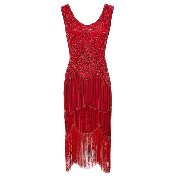 2024 SMihono Plus Size Vintage 1920s Flapper Tassel Great Evening Party Cocktail Dress Trendy Womens Sleeveless V-Neck Dress Red 12
