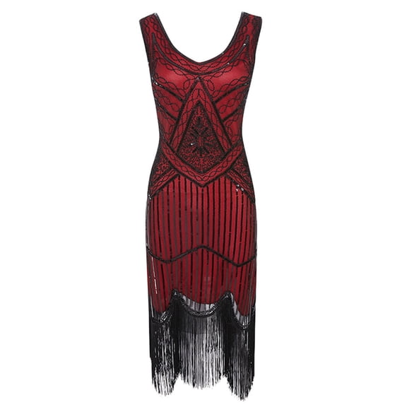 2024 SMihono Plus Size Vintage 1920s Flapper Tassel Great Evening Party Cocktail Dress Trendy Womens Sleeveless V-Neck Dress Wine 10