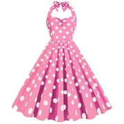2024 SMihono Retro Halter Hepburn Princess Dress for Ladies Fashion Womens Casual Sleeveless Polka Dot Printed Ladies Pleated Swing High Waist Slim Mini Dress Flowy Dress Pink 12