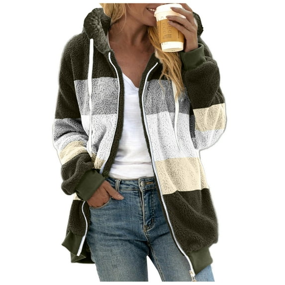 Clothing 2025!Women's Fleece Jackets & Coats Plus Size Casual Color Block Plush Sweatshirt Zipper Hoodie Loose Blouse Warm Coat Winter Coats for Women