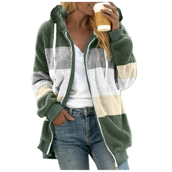 Clothing 2025!Women's Fleece Jackets & Coats Plus Size Casual Color Block Plush Sweatshirt Zipper Hoodie Loose Blouse Warm Coat Winter Coats for Women