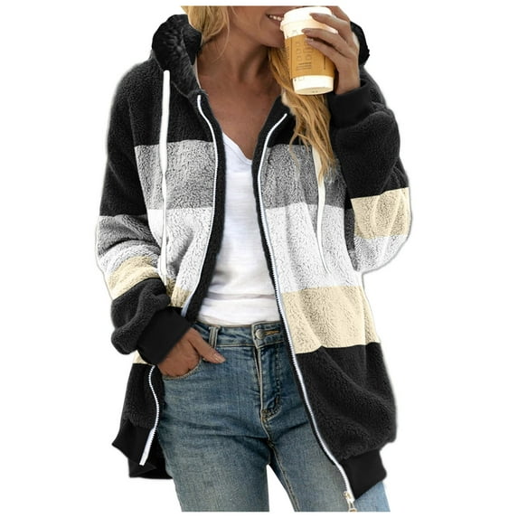 Clothing 2025!Women's Fleece Jackets & Coats Plus Size Casual Color Block Plush Sweatshirt Zipper Hoodie Loose Blouse Warm Coat Winter Coats for Women