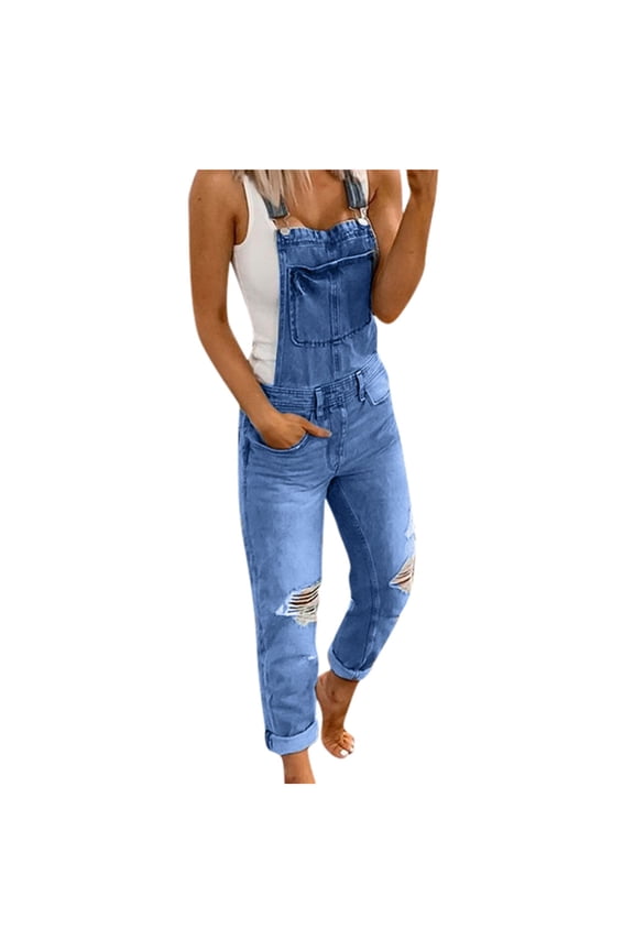 Clearance 2024!Women's Jeans Casual Women's Denim Rompers Denim Overalls Ripped Washed Bib Jumpsuits Jeans Women's Jeans