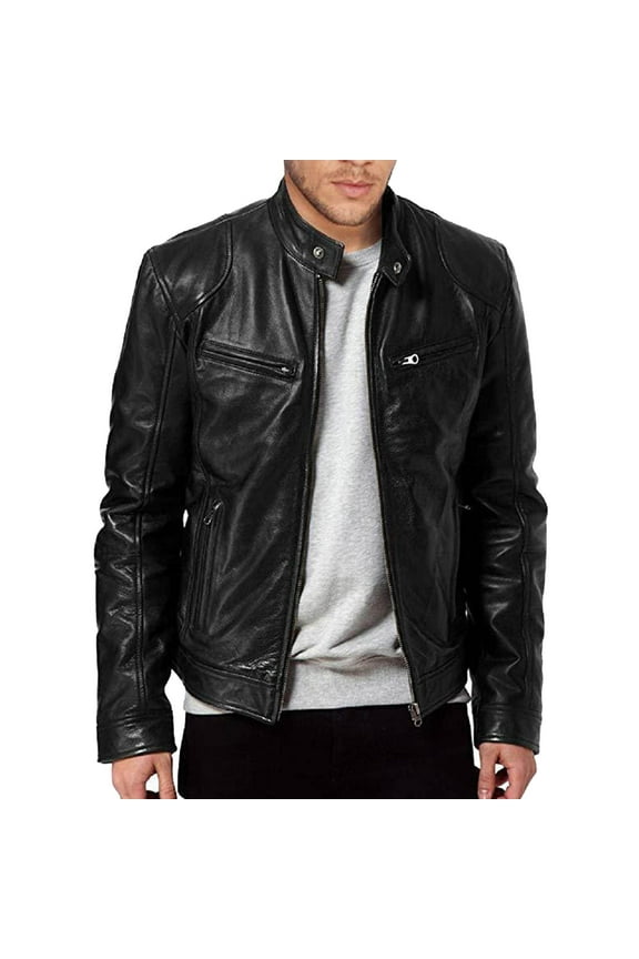 Clearance 2024! ZVNAΖH Leather Jackets for Men Fashion - Quilted Shoulders Mens Leather Jacket