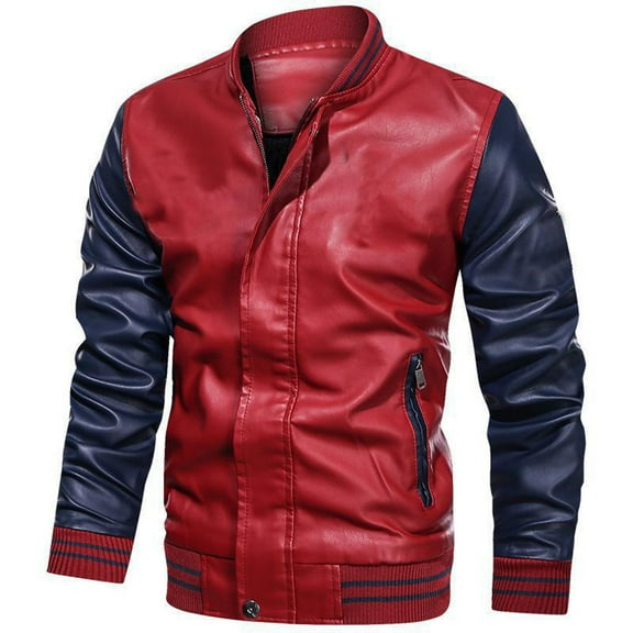 Clearance 2024! ZVNAΖH Men's Fashion Vintage Pu Leather Patchwork Stand Collar Jacket Winter Coat with Zipper Pockets