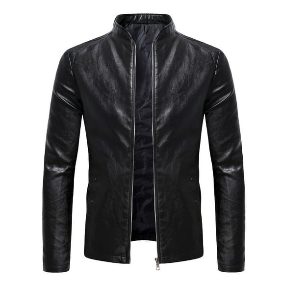 Clearance 2024! ZVNAΖH Men’s Faux Leather Jacket Cool Biker Jackets Vintage Stand Collar Lightweight Leather Outwear Coat