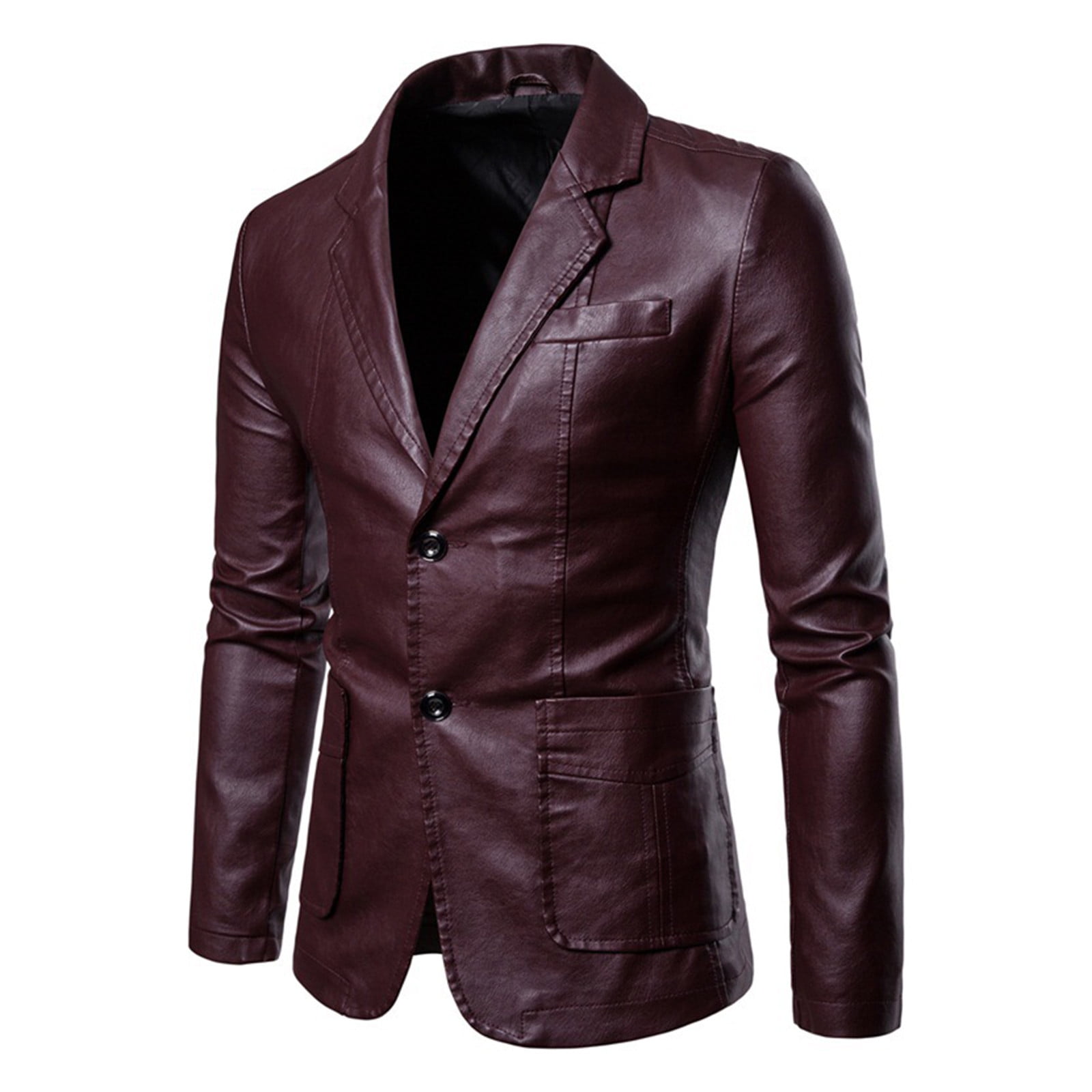 ZVNAΖH Mens Leather Blazer Jacket, Men's Casual Notched Collar 2 Button Slim Moto Faux Leather Blazer Suit Jacket