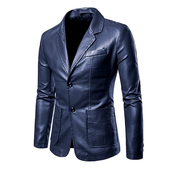 ZVNAΖH Mens Leather Blazer Jacket, Men's Casual Notched Collar 2 Button Slim Moto Faux Leather Blazer Suit Jacket