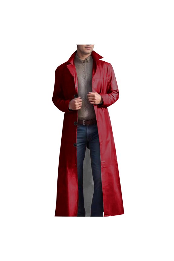 Clearance 2024! ZVNAΖH Mens Long Leather Jacket Stand Collar Coat Trench Button Front Cardigan Jacket