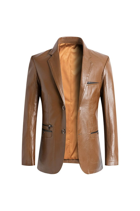 Clearance 2024! ZVNAΖH Mens Slim Fit Leather Jacket, Mens Leather Blazer 2 Button Sport Coat, Winter Fashion Jacket, Sizes M-5XL