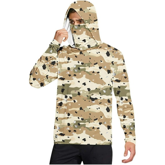 OGLCCG Men's Performance Fishing Hoodie Shirt with Face Mask UPF 50+ Sun Protection Long Sleeve Hiking Camo Hoodie Shirt with Neck Gaiter
