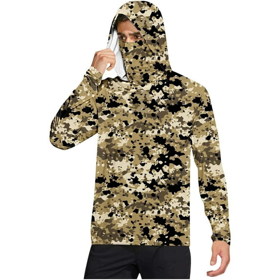 OGLCCG Men's Performance Fishing Hoodie Shirt with Face Mask UPF 50+ Sun Protection Long Sleeve Hiking Camo Hoodie Shirt with Neck Gaiter