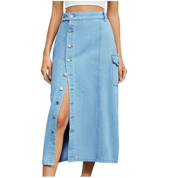 Clearance 2025! ZVNAΖH Jean Skirts for Women Denim Skirt Midi Casual Solid Color Elastic Waist Button Split Denim Half-body Skirt