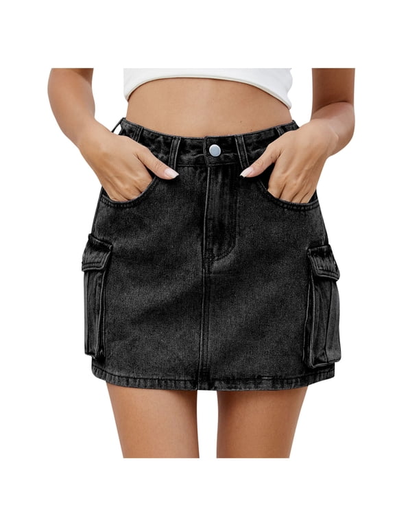ZVNAΖH Jean Skirts for Women Denim Skirt Mini Casual Solid Zipper Cowboy Pockets Short Skirt