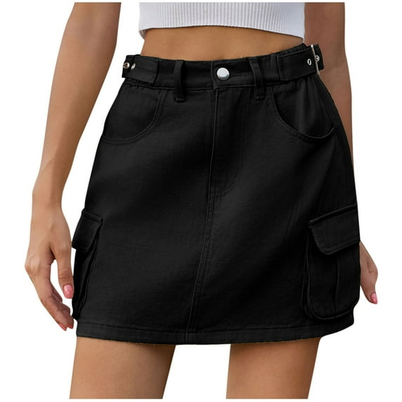 ZVNAΖH Jean Skirts for Women Denim Skirt Mini, Women's Casual Solid Color Elastic Waist Cowboy Cargo Skirt