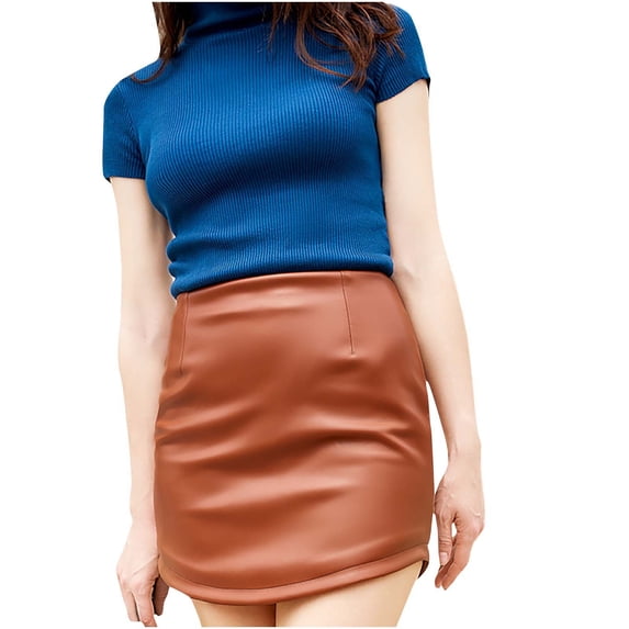 Clearance 2025! ZVNAΖH Leather Skirts for Women, Women's Arc Edge Stretch Slim Wrap Hip Leather Skirt Short Skirt Half-body Skirt