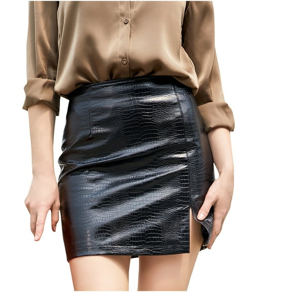 ZVNAΖH Leather Skirts for Women, Women's Bodycon Short Skirt High Waisted Stretchy Split Hem Hip Wrap Mini Skirt