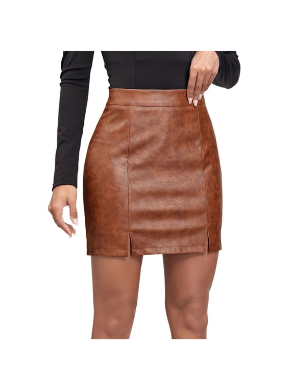 ZVNAΖH Leather Skirts for Women, Women's Solid Color High Waist Zipper Small Split Half Leather Skirt