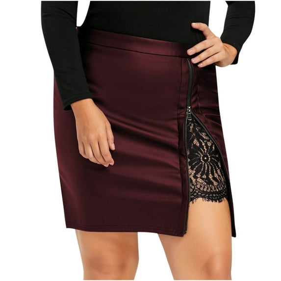 ZVNAΖH Leather Skirts for Women, Women's Solid Color Lace Splicing Zipper Short Leather Skirt