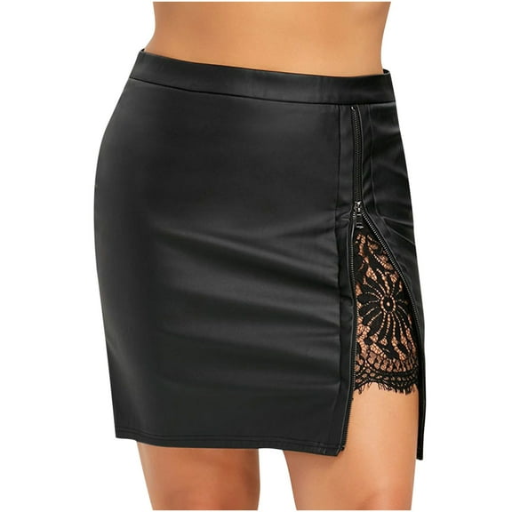 ZVNAΖH Leather Skirts for Women, Women's Solid Color Lace Splicing Zipper Short Leather Skirt