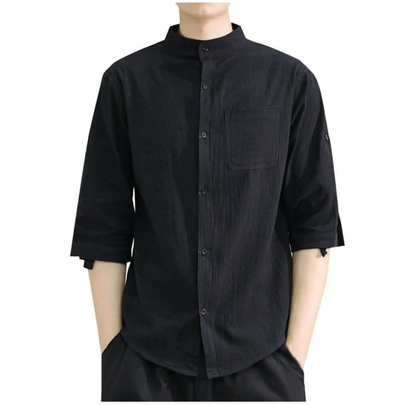 Clearance 2025! ZVNAΖH Linen Shirt for Young Men, Stand Up Collared Button Down Shirts Cuff Binding Pocket Shirts Summer Casual Tops
