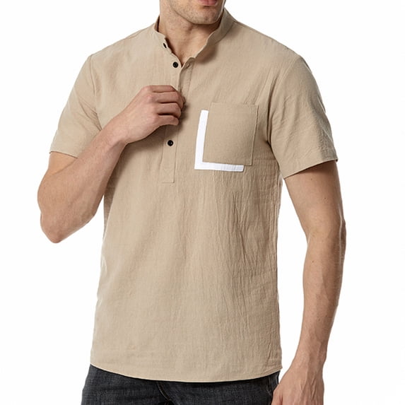 Clearance 2025! ZVNAΖH Men's Linen Short Sleeve Shirt Stand Up Collared Half Button Shirt Summer Casual Business Pocket Shirts