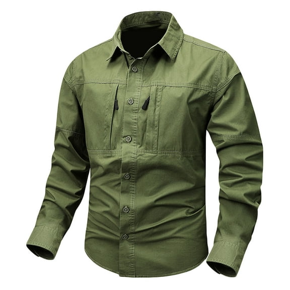 ZVNAΖH Mens Button Down Long Sleeve Work Shirts, Quick Dry, Sun Protection, Hidden Zipper Pocket, Outdoor Hiking Cargo Shirts