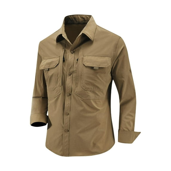 ZVNAΖH Mens Button Down Long Sleeve Collared Work Shirts, Quick Dry, Sun Protection, Solid Color, 2 Chest Pockets, Outdoor Hiking Shirts