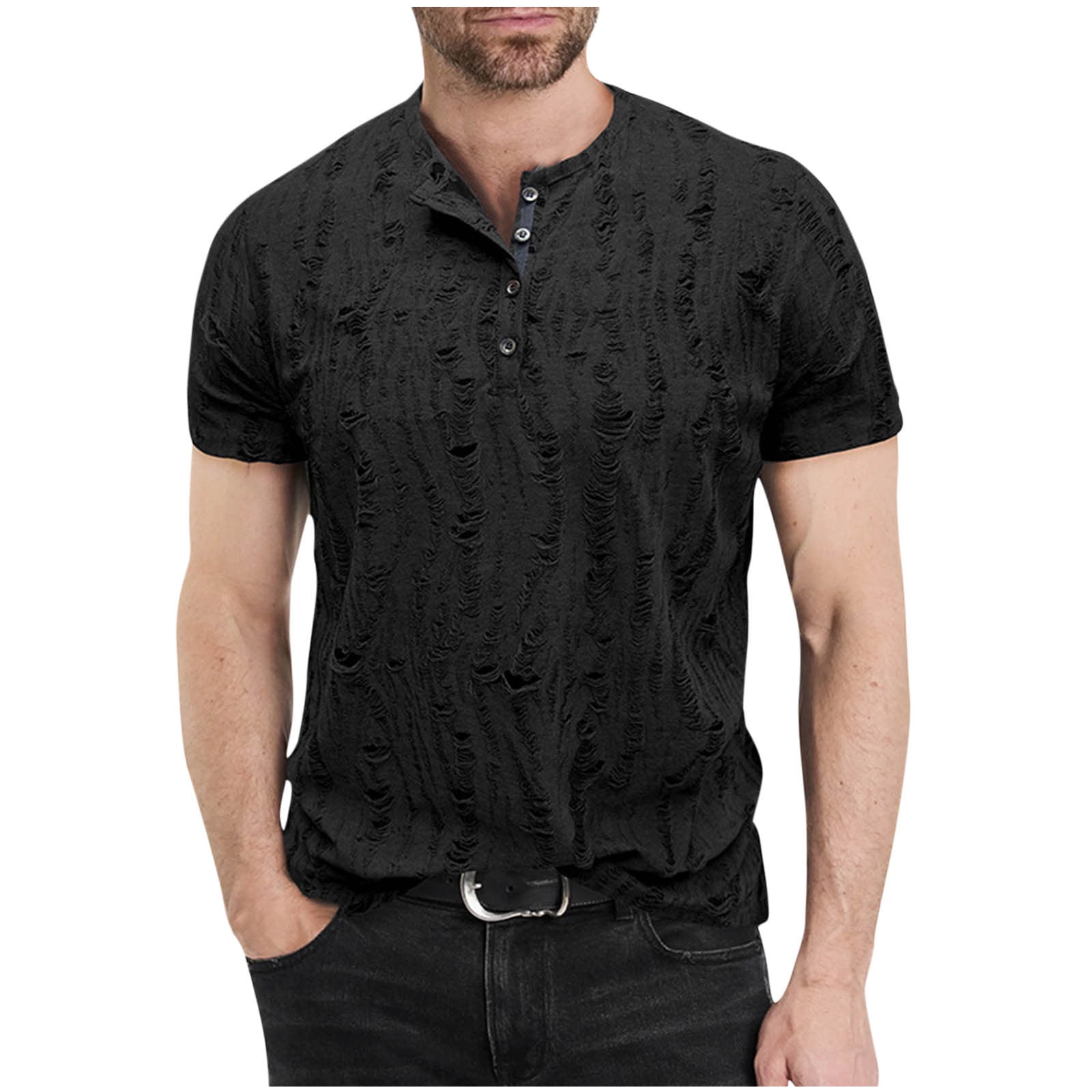 Clearance 2025! ZVNAΖH Mens Button Up Crew Neck Short Sleeve T Shirts