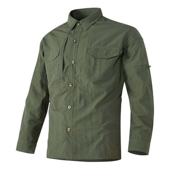 ZVNAΖH Mens Button Down Work Shirts Long Sleeve Collared Shirts, Solid Color, Lightweight and Breathable, 2 Chest Pockets, Casual Go Out Hiking Cargo Shirts