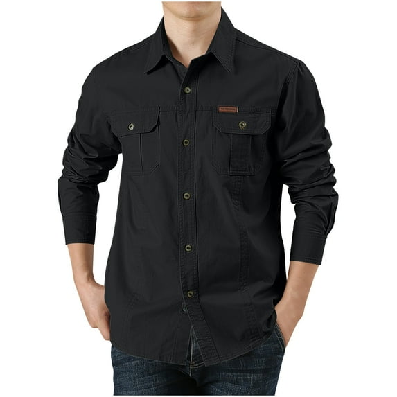 ZVNAΖH Mens Cargo Long Sleeve Shirts Button Down Collared Shirts Outdoor Hiking Shirts Cotton Work Shirts with 2 Pockets