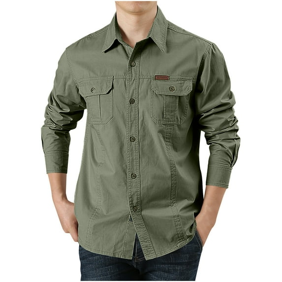 ZVNAΖH Mens Cargo Long Sleeve Shirts Button Down Collared Shirts Outdoor Hiking Shirts Cotton Work Shirts with 2 Pockets