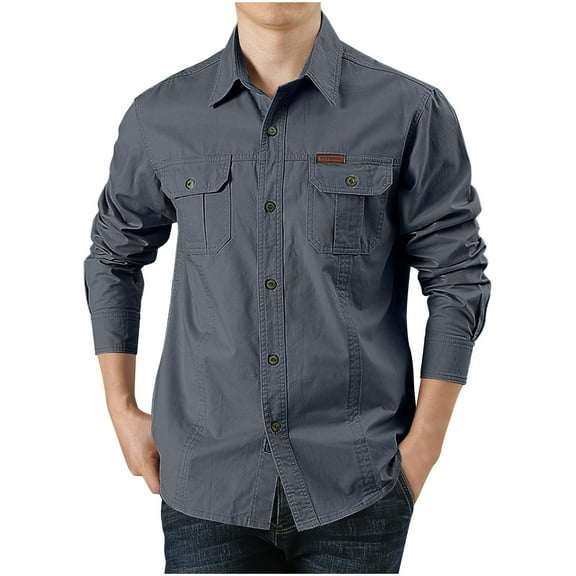 ZVNAΖH Mens Cargo Long Sleeve Shirts Button Down Collared Shirts Outdoor Hiking Shirts Cotton Work Shirts with 2 Pockets