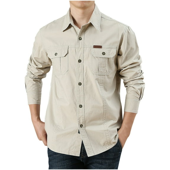 ZVNAΖH Mens Cargo Long Sleeve Shirts Button Down Collared Shirts Outdoor Hiking Shirts Cotton Work Shirts with 2 Pockets