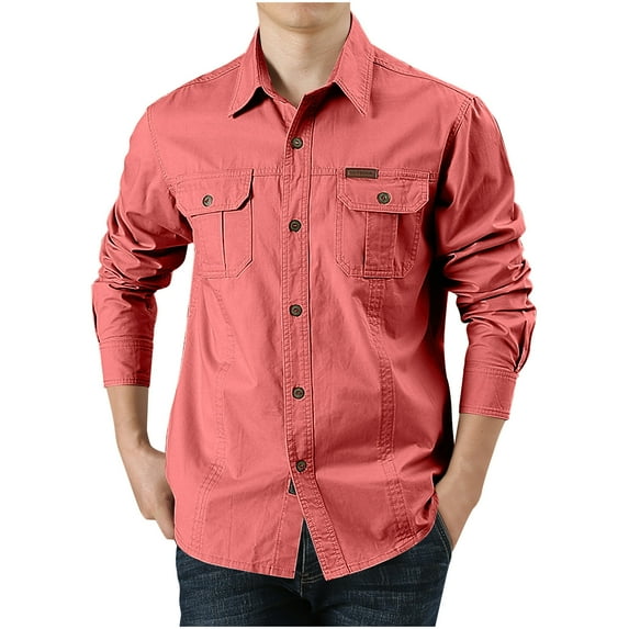 ZVNAΖH Mens Cargo Long Sleeve Shirts Button Down Collared Shirts Outdoor Hiking Shirts Cotton Work Shirts with 2 Pockets