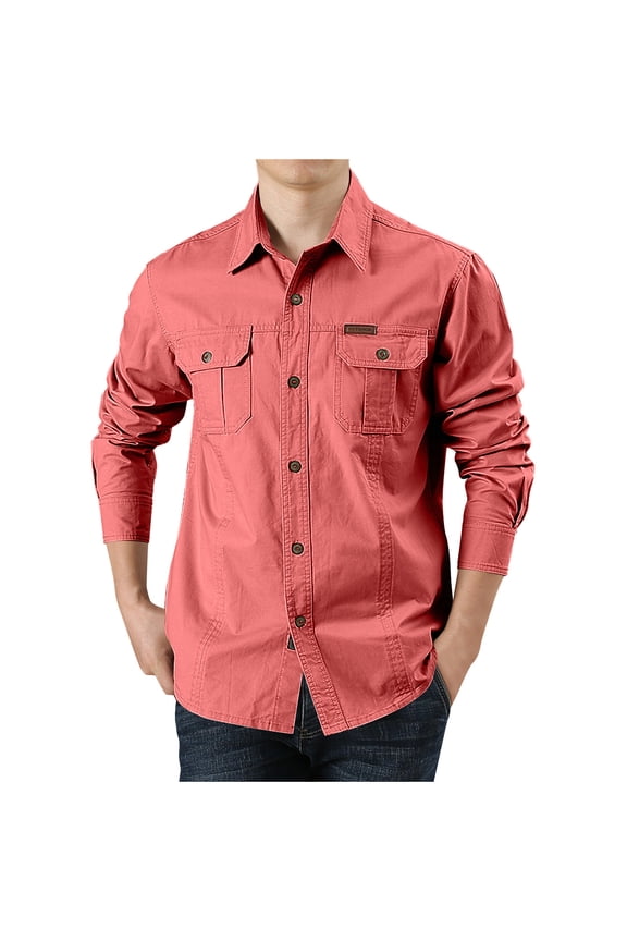 ZVNAΖH Mens Cargo Long Sleeve Shirts Button Down Collared Shirts Outdoor Hiking Shirts Cotton Work Shirts with 2 Pockets