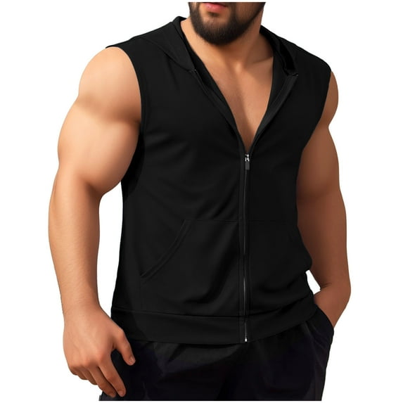 ZVNAΖH Mens Sleeveless Hoodie Workout Shirt Solid Color Active Full Zip T Shirt Quick Dry Sports Top