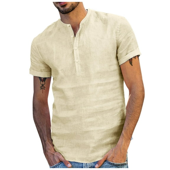 ZVNAΖH Mens Summer Casual Linen Short Sleeve Shirt Half Button Collarless Pullover Shirts Blouse Tops
