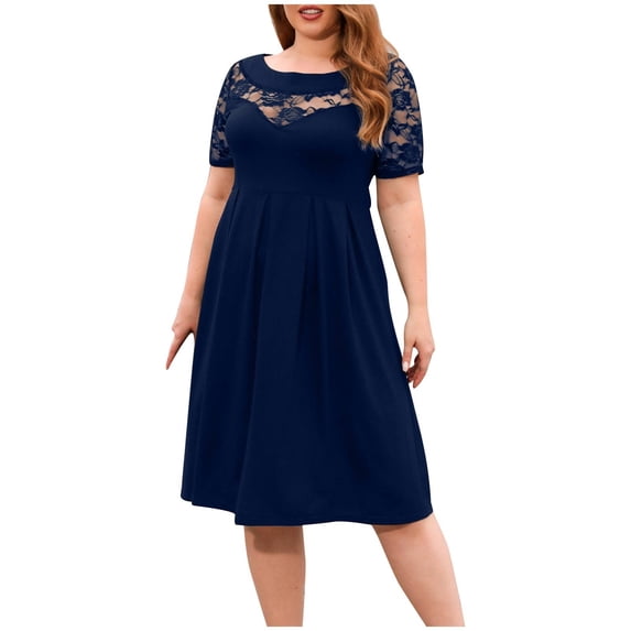 ZVNAΖH Plus Size Dress for Women Summer Casual Lace Floral Short Sleeve Crew Neck Pleated Dress, Sizes XL-4XL