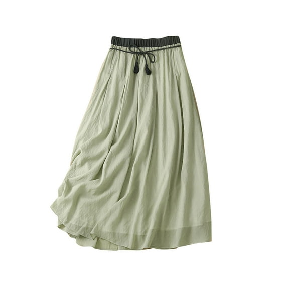 ZVNAΖH Skirts for Women Cotton Linen Midi Skirt Solid Casual Elastic Waist Double Layered Vintage Swing Skirts