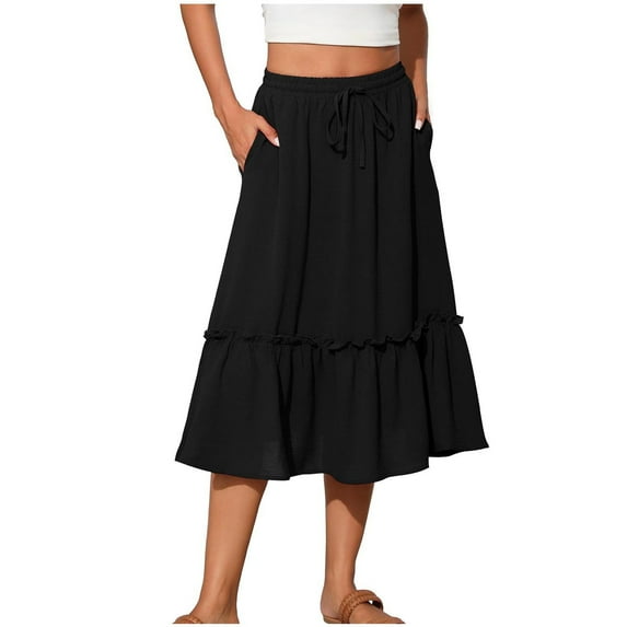 ZVNAΖH Skirts for Women Summer Skirts Casual Pockets Drawstring Solid Color Pleated Mid Calf Skirt