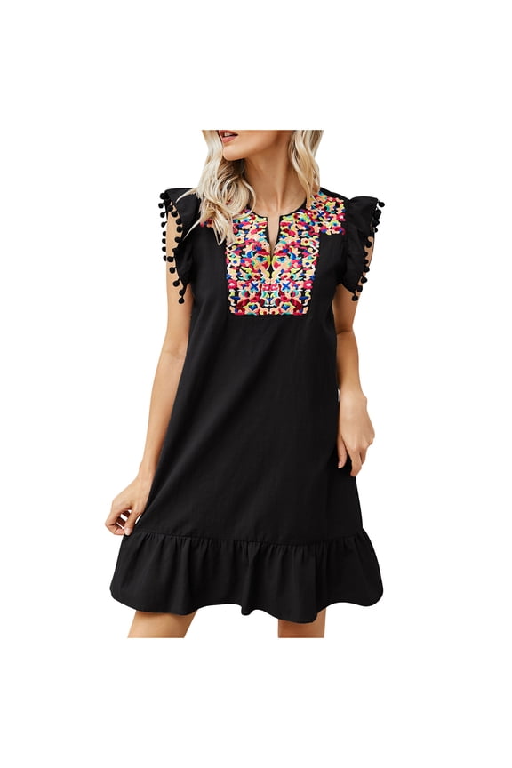 ZVNAΖH Women's Casual Summer Sleeveless Boho Floral Embroidered Mini Dress Loose Babydoll Short Shift Dresses