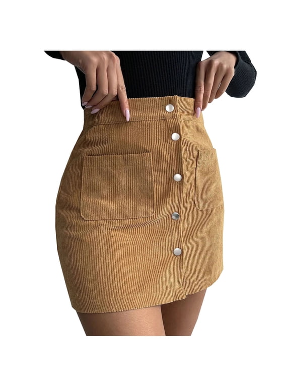 Clearance 2025! ZVNAΖH Women's Corduroy Mini Skirt Summer Casual Button Front A-line Skirts with Pockets
