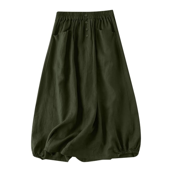 ZVNAΖH Women's Linen Midi Skirt Summer Casual Elastic Waist Button A-Line Beach Going Out Skirt with Pockets