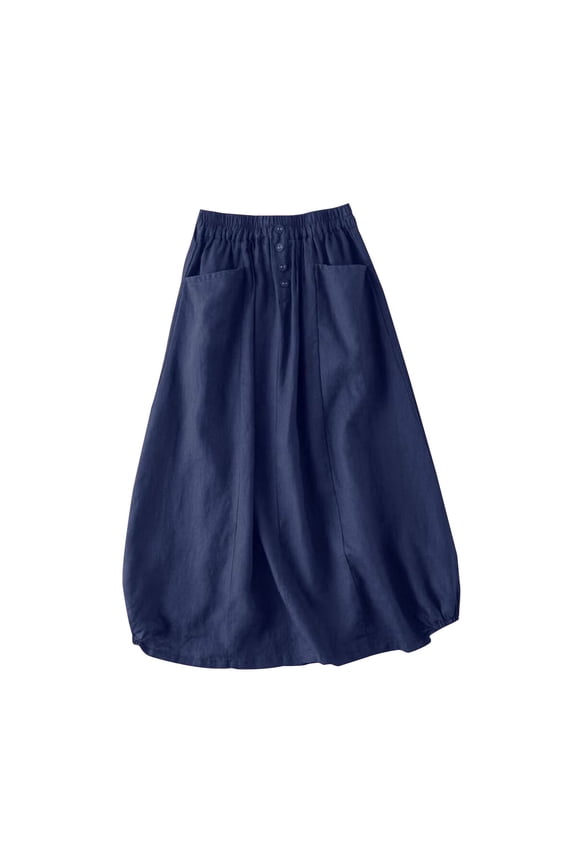 ZVNAΖH Women's Linen Midi Skirt Summer Casual Elastic Waist Button A-Line Beach Going Out Skirt with Pockets